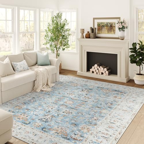 jinchan Area Rug 9x12 Living Room Rug - Washable Vintage Large Boho Floral Floor Cover Lightweight Low Pile Thin Non-Slip Retro Distressed Carpet for