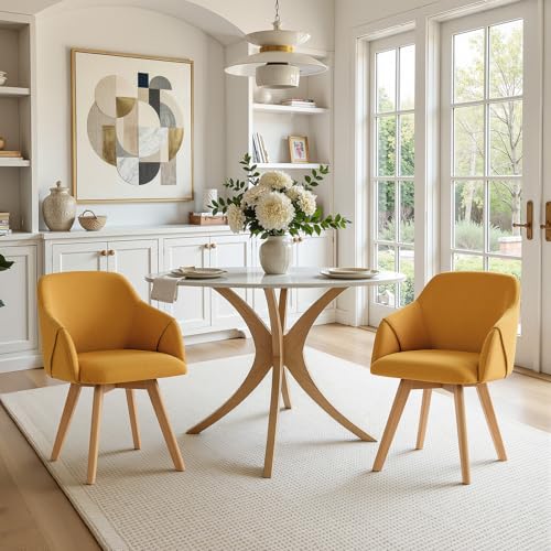 Lot de 2 chaises de salle à manger pivotantes avec pieds en bois, pivotantes, avec accoudoirs, design mi-siècle, tissu en coton et lin, pour cuisine, salle...