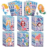 24 Sheets DIY Mermaid Make a Face Stickers, Make Your Own Face Stickers for Kids for Birthday Party Bag Filler Favors, Classroom Rewards