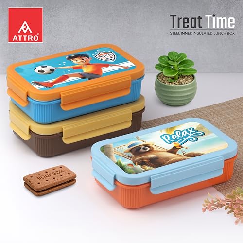 Image of ATTRO Treat Time Stainless Steel Insulated Lunch Box with Inner Steel Body, Airtight 4-Side Lock Lid, Leakproof Silicone Seal, Small Container-560ml+150ml-Relax Bear Blue Orange