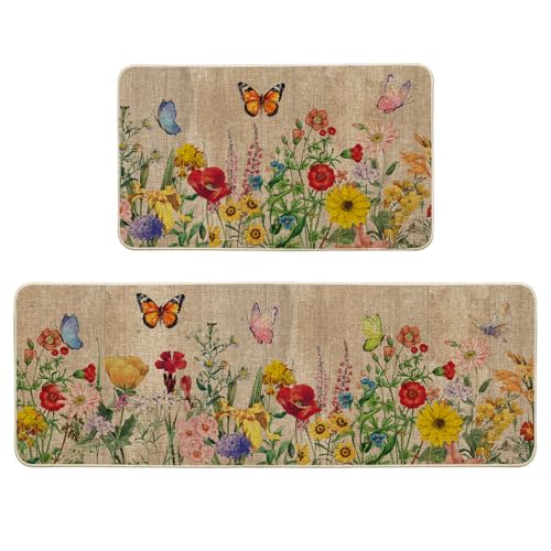 Artoid Mode Wood Flowers Butterfly Spring Kitchen Mats Set of 2, Seasonal Home Decor Leaves Low-Profile Kitchen Rugs for Floor - 17x29 and 17x47 Inch