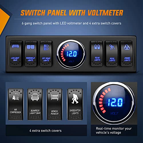 Image of Nilight 6 Gang Rocker Switch for Jeep Wrangler JK JKU 2007-2018 | 12V Panel 100A Relay Box Circuit Control System LED Voltmeter 80A Breaker Blade Fuses for Various LED Light Bar Rock Rear Lights