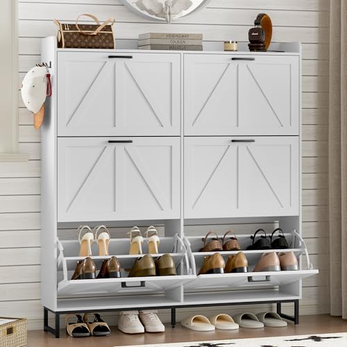 Image of BORNOON Shoe Cabinet with 6 Flip Drawers Narrow Shoe Storage Cabinet Organizer Wooden Freestanding Shoe Rack Hidden Slim Shoes Storage Cabinet for Entryway, Hallway, Living Room, Bedroom