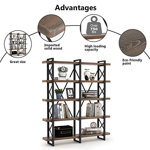 Little Tree 5-Tier Double Wide Open Bookcase, Solid Wood Industrial Large Metal Bookcases Furniture, Vintage 5 Shelf Bookshelf Etagere Book Shelves For Home Office Decor Display (Wood) #TOP3