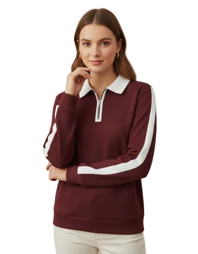 dagcros Women’s Polo T-Shirt with White Contrast Collar | Short Sleeve Zipper Neck Casual Top | Smart Casual T-Shirt for Women-picture-36