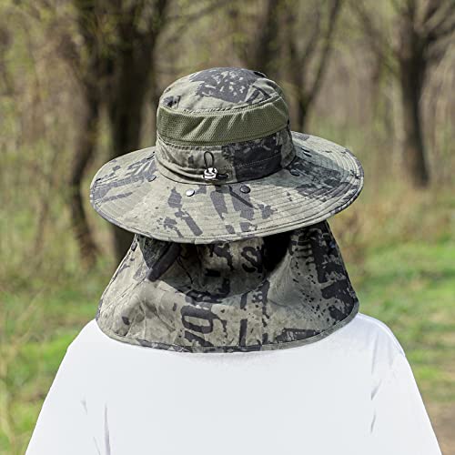 Image of UPF 50+ Sun Fishing Hat for Men Women Wide Brim Hat with Detachable Face Cover & Neck Flap