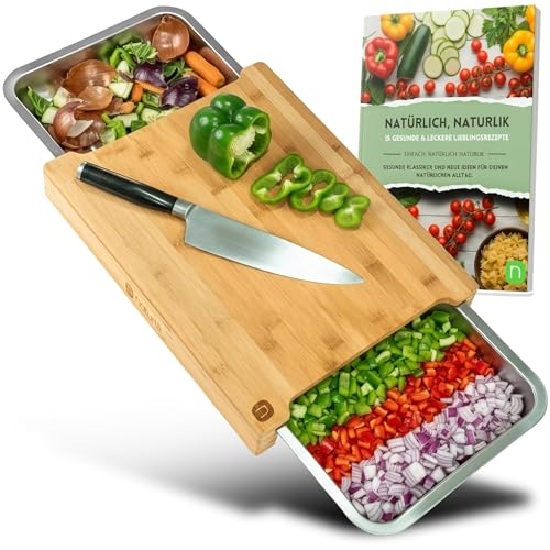 naturlik Schneidebrett XL mit magnetischen Auffangschalen - Hochwertiger Bambus - Schneidebrett mit Auffangschale - Schneidebrett Holz - Holzbrett Küche - Praktische Küchenhilfe - inkl. E-Book