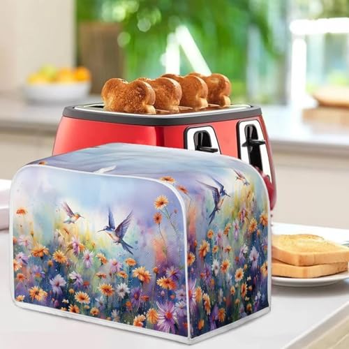 Image of 4 Slice Toaster Cover with Top Handle Design, Universal Size, Dust Protection, Stain Resistant, Hummingbird Daisy Purple