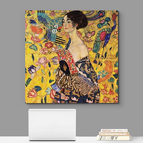Woman With Fan (Or Lady With Fan) By Gustav Klimt Famous Fine Art Reproduction World Famous Painting Replica On Ped Print Wood Framed - Canvas Art Wall Art - 12" X 12" #TOP1