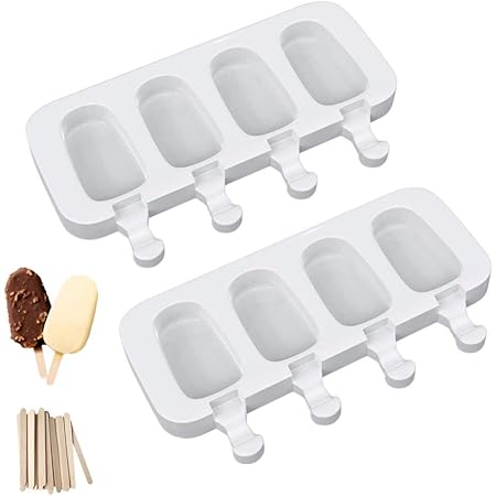 Ouddy Life Popsicle Molds Set of 2, Ice Pop Molds Silicone 4 Cavities Ice Cream Mold Oval Cake Pop Mold with 50 Wooden Sticks for DIY Popsicle, Clear