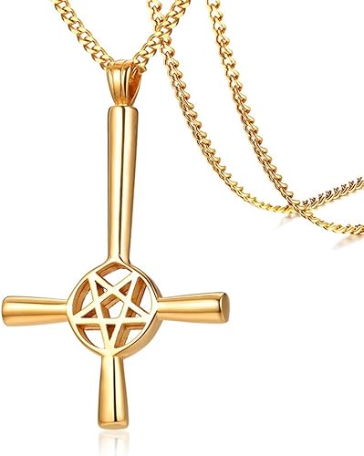 Amazon Umtrade ウィッカジュエリー ステンレススチール 宗教 五芒星ペンダント 逆さま 十字架 悪魔ネックレス ゴールド ネックレス 通販