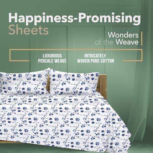 TEXAS LINEN CO. 100% Organic Cotton Printed Sheets Queen Size - 4 PC Organic Cotton Percale Sheets Queen Set (Floral Blue), Cooling & Breathable Sheet, 16" Deep Pocket Hotel Bedding - GOTS Certified - Thumbnail 3