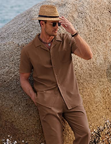 Image of COOFANDY Men 2 Piece Linen Outfit Beach Button Down Shirt Casual Loose Pant Sets