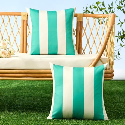 Image of Allorry Outdoor Pillow Covers 20x20 Set of 2 Turquoise Striped Decoration Throw Pillow Covers for Spring Summer Outdoor Waterproof Garden Patio Furniture Sofa Bed Home Decor JB007-C20