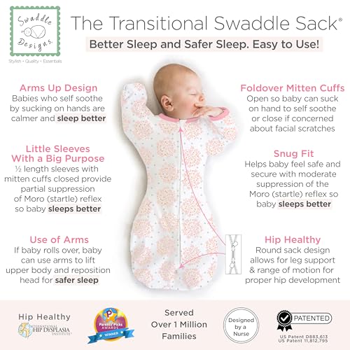 Image of SwaddleDesigns Transitional Swaddle Sack, Arms Up Half-Length Sleeve Mitten Cuff, Most Gradual Transition Swaddle for Newborn