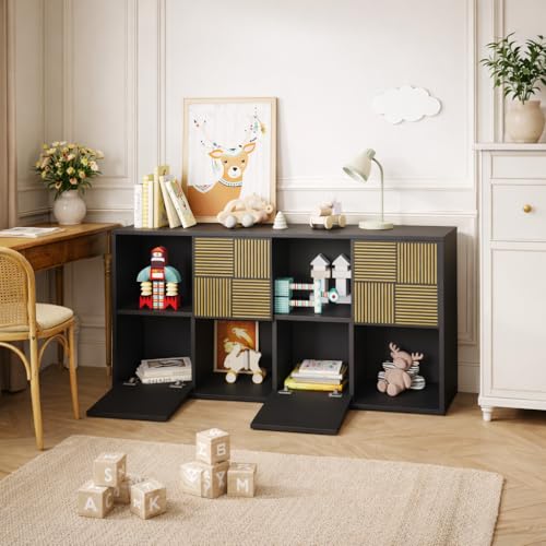 LieABak Estantería con 4 puertas y 8 compartimentos, estantería de pie, estantería de oficina, para salón, dormitorio, habitación infantil, oficina, color negro, 125 x 30 x 60 cm (negro)
