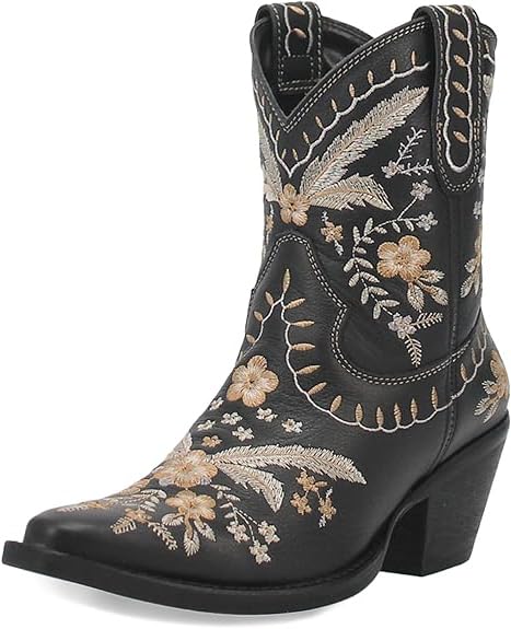 Embroidery Floral Western Boots Square Toe Block Heel Cowboy Cowgirl Boots Vintage Soft Leather Chunky Low Heel Ankle Boots Short Boots Fashion Booties