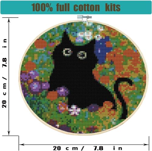 Image of 4 Pack Stamped Cross Stitch Kits with Frame - Black Cat Flower Starry Sky Moon Embroidery Kits for Beginners Adults,11 CT Patterns Dimensions Counted Cross Stitch Kits Arts Craft Kits 7.8 x 7.8 inch
