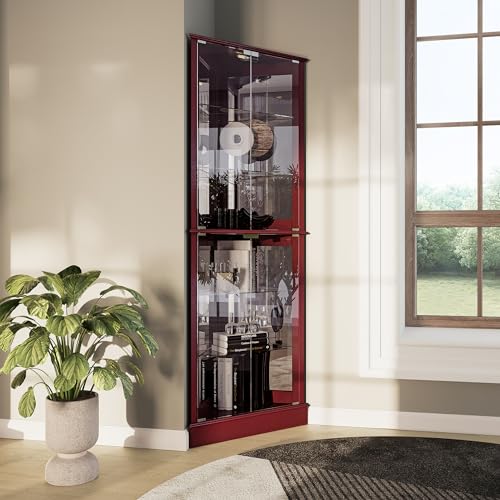 Image of BELLEZE Lighted Corner Display Curio Cabinet Wooden Shelving Unit with Tempered Glass Door, Bar and Liquor Storage Area with 6 Shelves - Woody (Cherry)