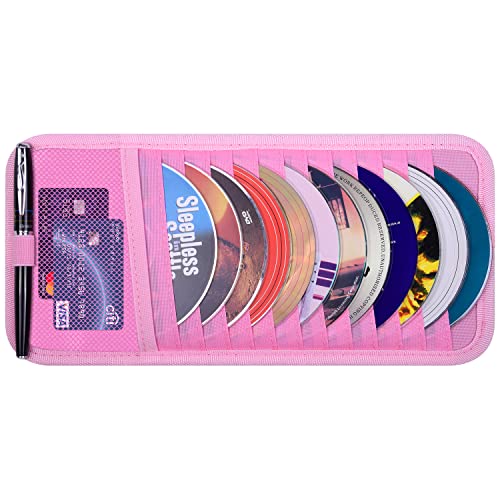 Car CD Case Holder Wisdompro Vehicle Sun Visor Organizer for Cars with 12 DVD Storage Sleeves 1 Mesh Pocket 1 Pen Holder and Elastic Strap Pink