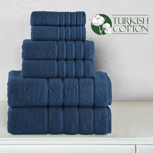 Image of Elegant Comfort 4 Lines Viscose Stripe 6-Piece Premium Towel Set - 100% Turkish Cotton High Absorbent Luxury Bathroom Towels - Includes 2 Washcloths, 2 Hand Towels and 2 Bath Towels Set, Navy Blue