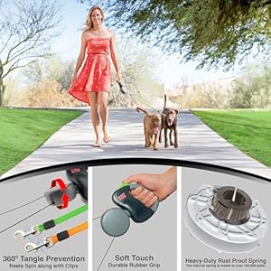 WIGZI (2 Two Dog Reflective Retractable Pet Leash – 360 Degree Zero Tangle Patent – Two Dogs Each up to 50 lbs and 10ft. Reflective Orange and Green Leads. Dual Locking, Small, Gray