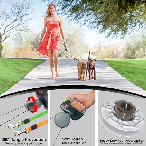 WIGZI (2 Two Dog Reflective Retractable Pet Leash – 360 Degree Zero Tangle Patent – Two Dogs Each up to 50 lbs and 10ft. Reflective Orange and Green Leads. Dual Locking, Small, Gray WIGZI (2 Two Dog Reflective Retractable Pet Leash – 360 Degree Zero Tangle Patent – Two Dogs Each up to 50 lbs and 10ft. Reflective Orange and Green Leads. Dual Locking, Small, Gray