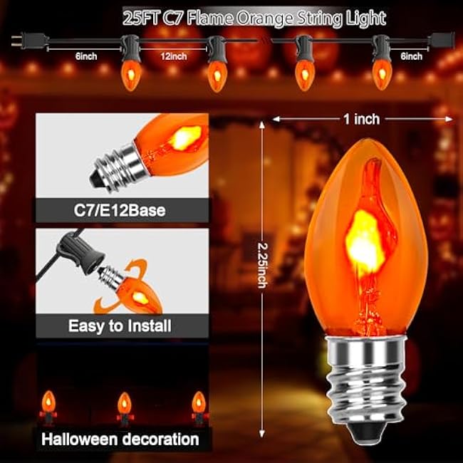 Orange Halloween Lights, 25Ft C7 Outdoor Flickering Flame String Lights With 25 Bulbs, Plug-in Decorations for Indoor/Outdoor Party, Home, Patio, Garden