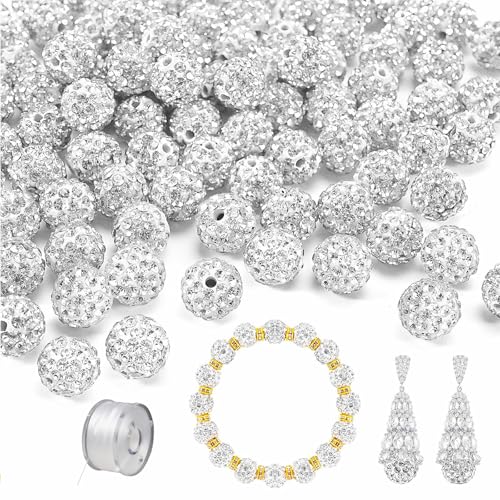 100pcs 10mm Rhinestone Beads for Jewelry Making Full of Diamonds Round Disco Bead Bulk Clay Bead for Crafting Rhinestone Clay Beads for DIY Baseball Necklace Bracelet (White 10mm/100pcs)