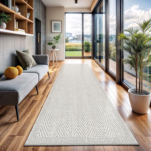 CAMILSON Indoor and Outdoor Runner Rug Off-White Herringbone Seagrass Boho Design Easy-Cleaning Non Shedding Fiber Living Room Bedroom Garden Patio and Kitchen Washable Outside Carpet Alfombras (2x7)