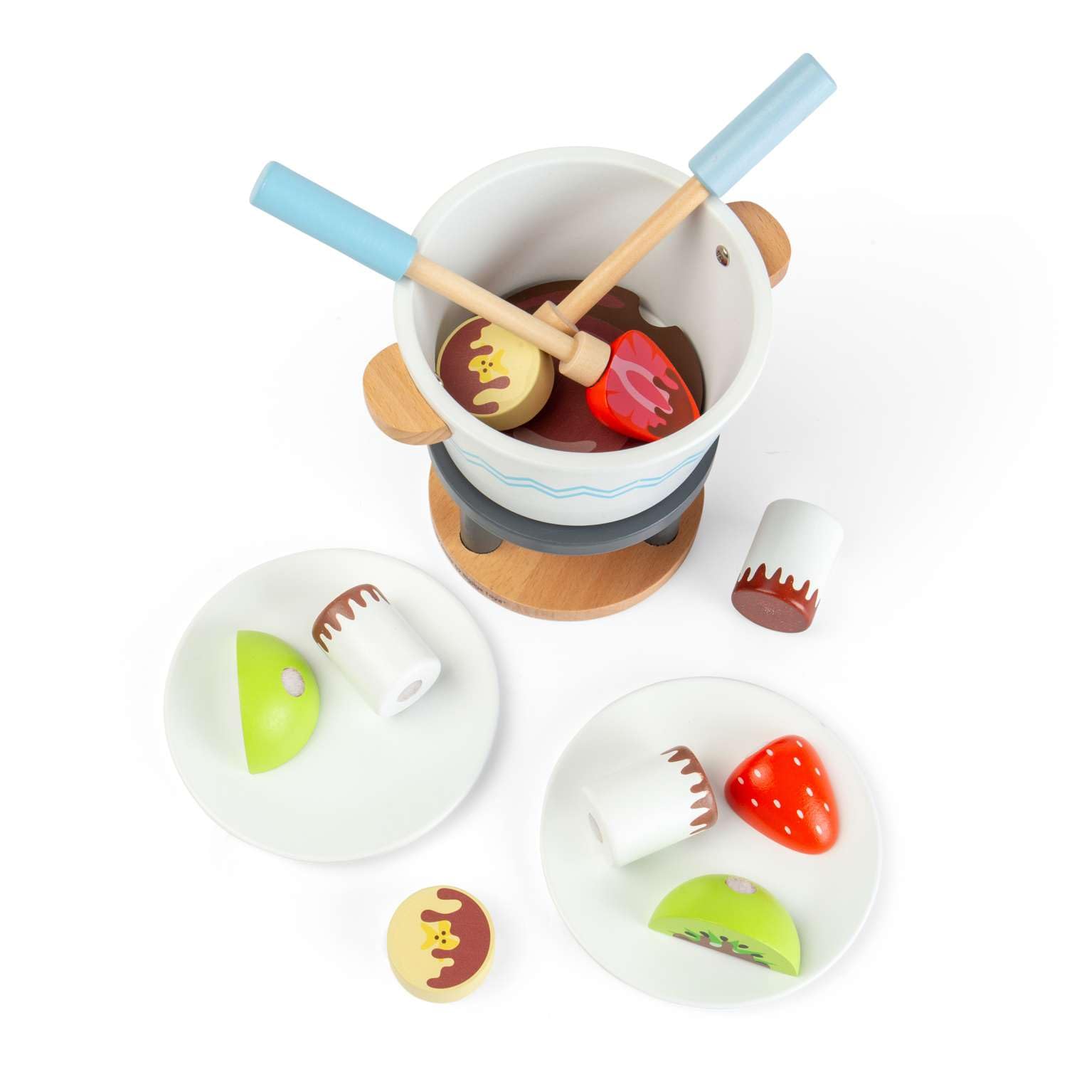 Bigjigs Toys Garnek na czekoladę dla dwojga, drewniany zestaw jedzenia do zabawy, Montessori, zabawka kuchenna, do odgrywania ról, 16 szt. zestawów z drewnem i rzepem, udawaj owoce i czekoladę