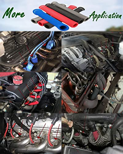 Image of Spark Plug Wire Boots Protector - 8 PCS 6 Inch 2500F High Temp Heat Shield Sleeve for SBC BBC 350 454 LS1 LS2 V8 Engines, Ignition Wire Insulation Cover with Headers, Cars Trucks, Red