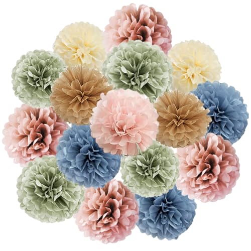 Lot de 16 pompons en papier de soie rétro bohème - Rose poudré, bleu sauge, marron - Fleurs rustiques en papier de soie - Décorations de fête pour fête...