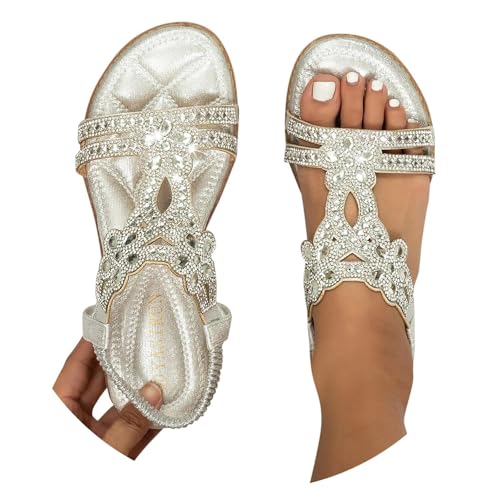 Sandalen Damen Sommer Elegant Flache Strass...