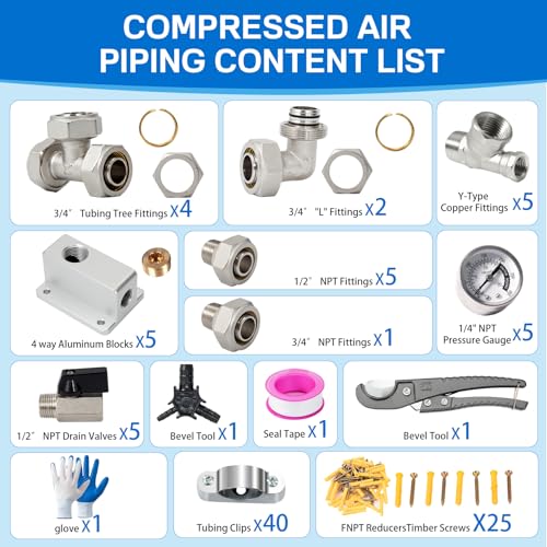 Image of 3 /4 inch x 200ft Garage Air Line Kit, HDPE-Aluminum Compressed Air Piping System with Tee & Elbow Fittings, Rapid Air System for Shop Air Compressor, Leak-Proof & Easy