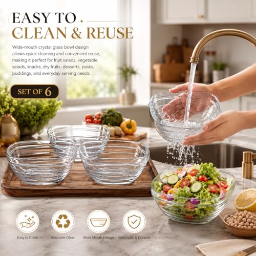 Image of WRINGO Glass Bowl for Kitchen Prep, Dessert, Dips, and Candy Dishes, Cake, Snack Bowl Set of 6 Or Nut Bowl, and Microwave Safe Clear Glass Bowls for Mixing, Storing Size 4.5 Inch