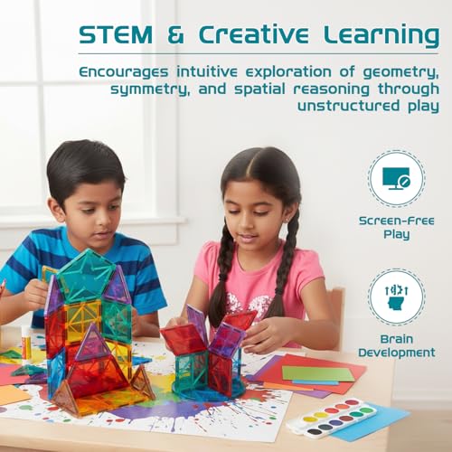 Image of Amazon Brand - Jam & Honey Magnetic Tiles Building Blocks for Kids | 40 Pcs Geometric Builder Set | STEM Learning & Creative Construction Toy | Brain Development & Educational Play | Durable MABS Plastic with Strong Magnets | Multiple Geometric Shapes Included | Ages 3+ Years | Multicolour | Product Dimensions: 24.5 x 16.5 x 6.5 cm