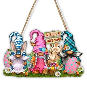 Easter Spring Welcome Door Sign Decor Easter Bunny Gnomes Spring Easter Hello Hanging Sign Easter Wooden Signs Decorative Wall Plaque Rustic Front Door Yard Farmhouse Home Spring Harvest Decor