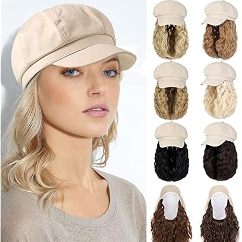Qlenkay Newsboy Cap with Bob Hair Extensions Khaki Hat Wig 8 Panel Visor Beret Attached Synthetic 14'' Short Curly Wavy Hairpiece for Woman Light Chestnut Brown Cover