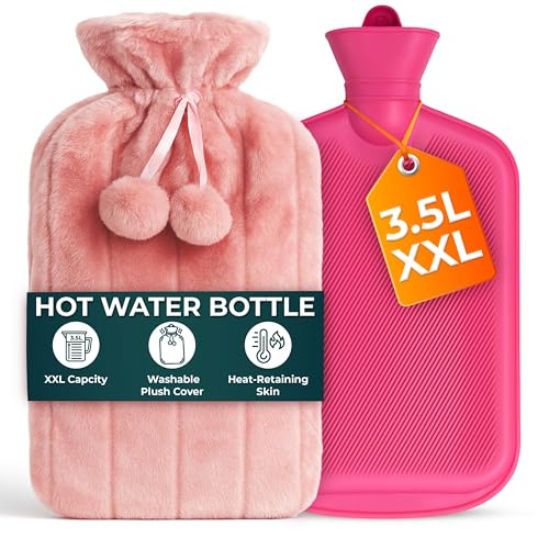 volila Bolsa de Agua Caliente, Formato XXL, 3,5 L - 1 Bolsa de Agua Caliente Grande de Color Rosa - Bolsa de Agua con Funda de Pelo Sintético, Perfecto para Aliviar el Dolor - Idea Regalo para Navidad