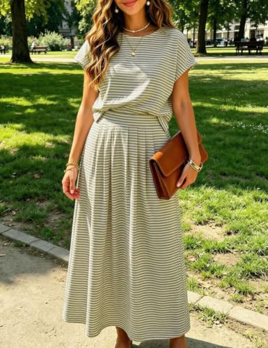 Image of Zontroldy Women's Summer 2 Piece Outfits Striped Skirt Sets Cap Sleeve Crop Top Midi Dress Matching Travel Outfits
