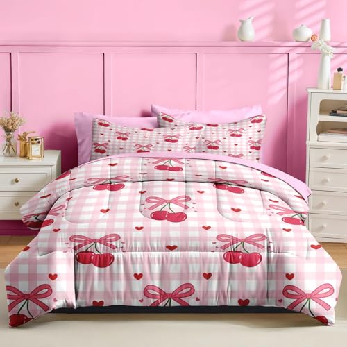 Image of Nesker Bow Comforter Set Twin Size, 5 Pieces Bed in a Bag, Pink Bow Bedding Set for Girls, Gingham Cherry Coquette Comforter Set with 1 Pillowcase & 1 Sham