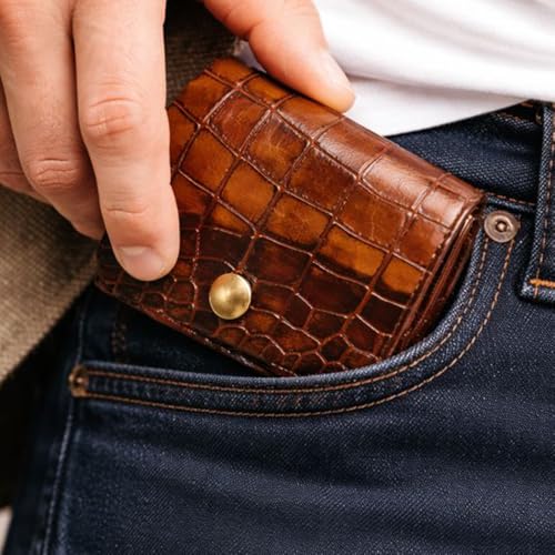 Image of Strutt Croc Textured Genuine Leather Batua Wallet for Men & Women | Handcrafted Tan Leather Cash & Card Holder | Snap Button Closure | Compact Ethnic Money Pouch