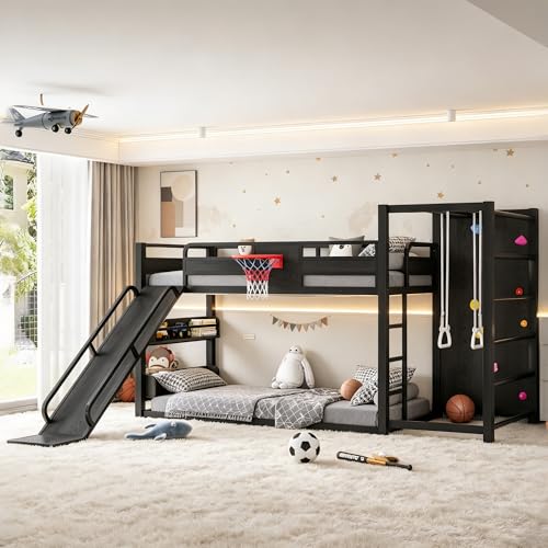 Image of Bellemave Twin XL Bunk Bed with Slide, Basketball Hoop & Climbing Wall, Heavy Duty Bunk Beds Twin XL with Guardrails, Low Bunk Bed for Bedrooms, Nursery, No Box Spring Needed, Black