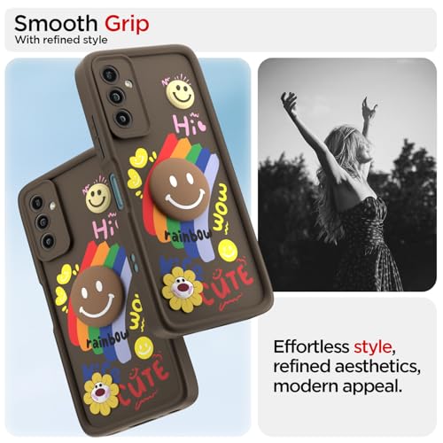 Image of Pikkme Back Cover for Samsung Galaxy F23 5G | Soft Silicone| Cute Rainbow Smile & 3D Cartoon Flower Design | Shockproof Raised Camera Protection Bumper Case (Brown)