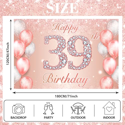Image of Happy 39th Birthday Rose Gold Banner Cheers to 39 Years Old Backdrop Confetti Balloons Theme Decor for Women 39 Years Old Pink Birthday Party Decorations Bday Supplies Background Favors Gift Glitter