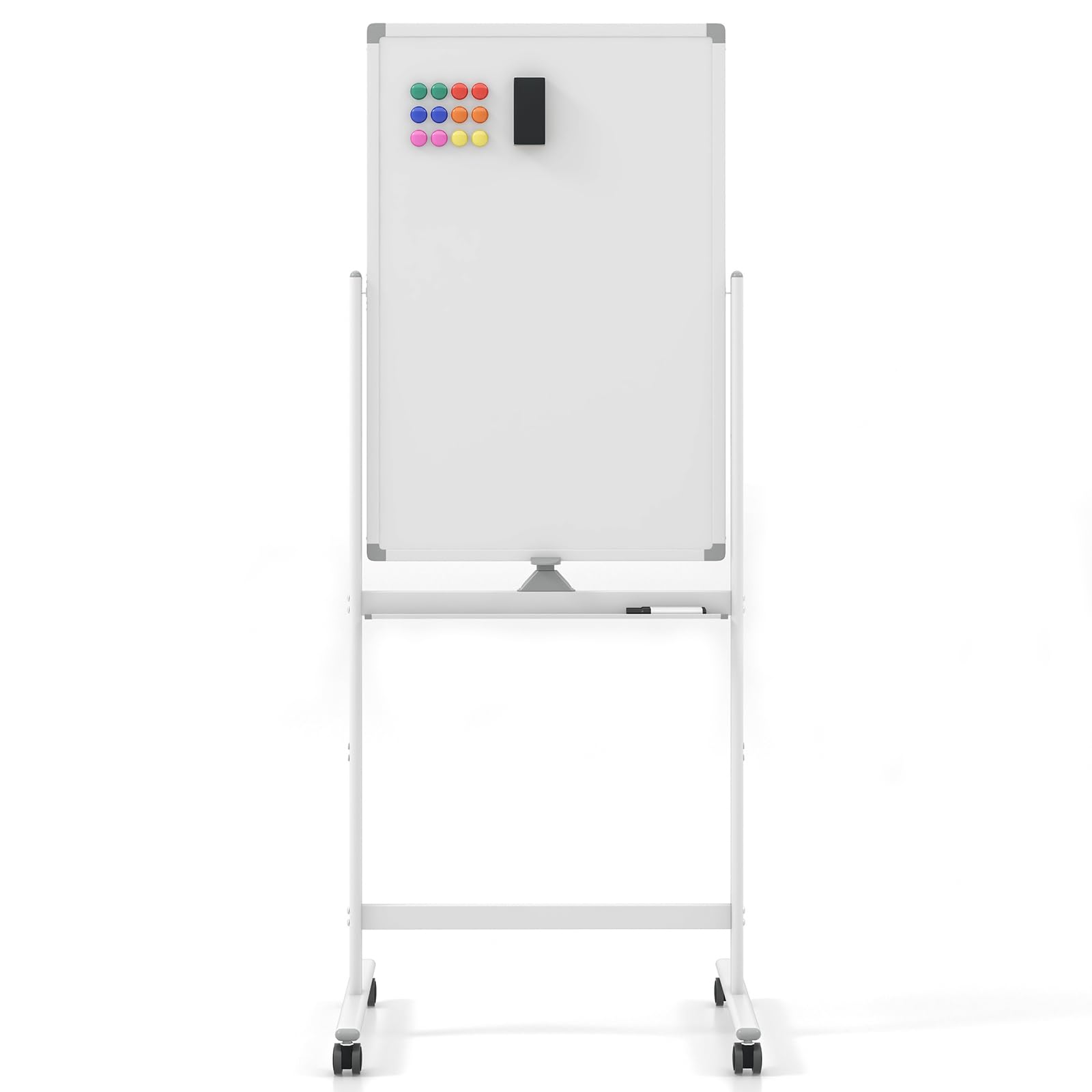 COSTWAY Double Sided Magnetic Whiteboard, Height Adjustable Mobile Dry Erase Board with Black Markers, Eraser, Magnets & Marker Tray, Standing Reversible White Board (90 x 60cm, White)