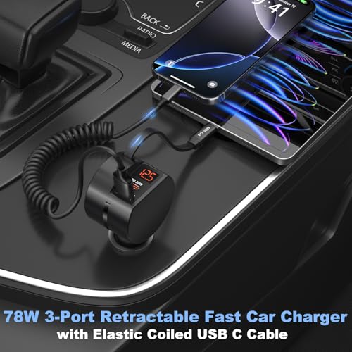 OKRAY 78W 3-Port Car Charger with Retractable USB-C PD30W Fast Charge Cord - image 5