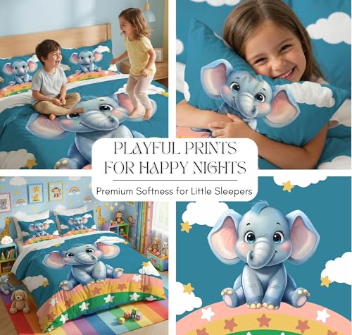 Image of HOMEKART Kids Cloud Cotton Bedsheet Double Bed | 210 TC Cartoon Printed Bedding Set with 2 Pillow Covers 7D | Soft, Wrinkle-Free | 108 x 108 Inches (Cute Elephant Rainbow)
