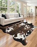 WMT NVMTER Faux Cowhide Rug, Fluffy Fur 4.6x5.2 Feet Washable Cow Print Rug for Living Room Bedroom Animal Print Hide Skin Rustic Western Décor Black and Brown